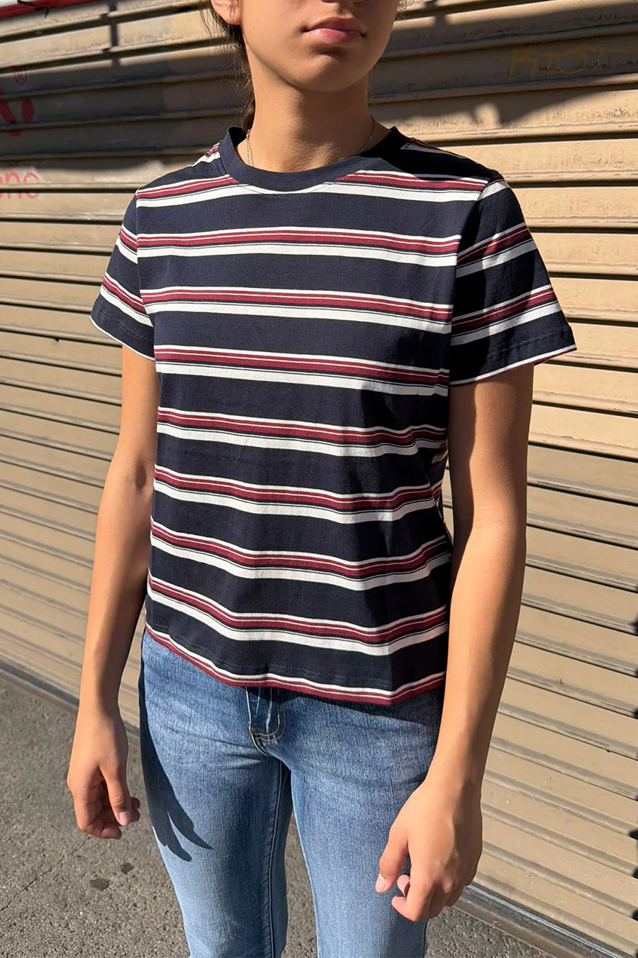 Basic Short Sleeve Crew Neck Multi Striped Knit Top