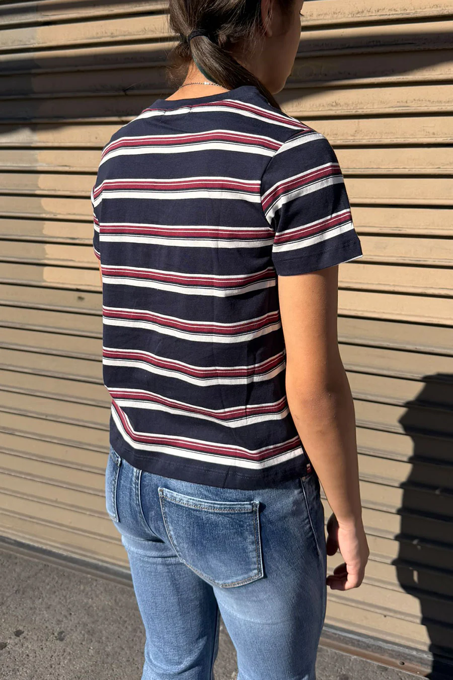 Basic Short Sleeve Crew Neck Multi Striped Knit Top - Image 2