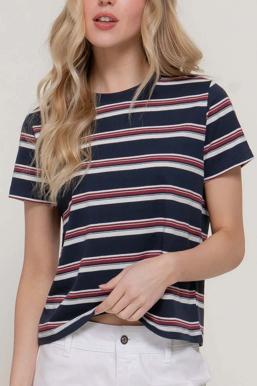 Basic Short Sleeve Crew Neck Multi Striped Knit Top - Image 3
