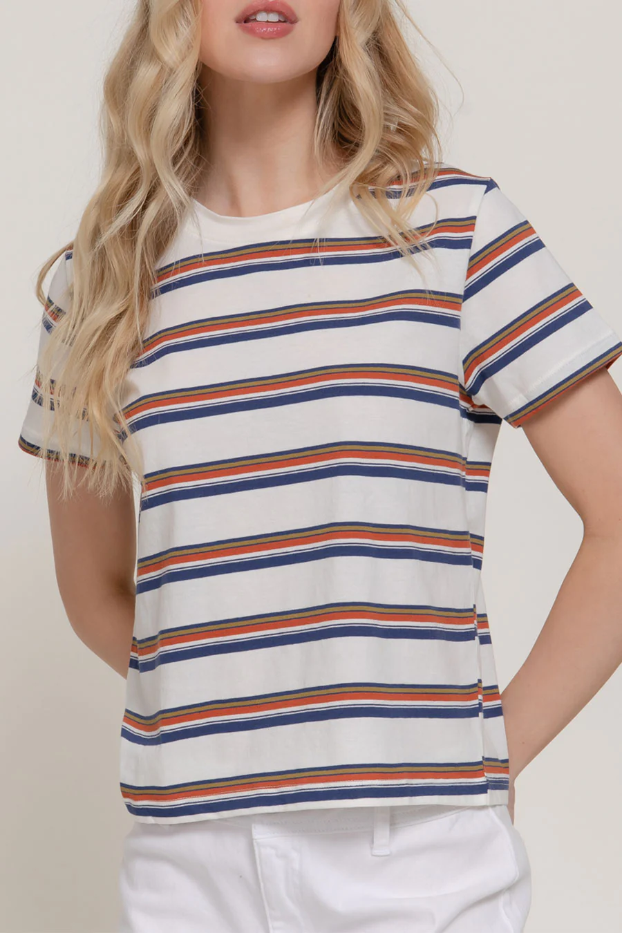 Basic Short Sleeve Crew Neck Multi Striped Knit Top - Image 4