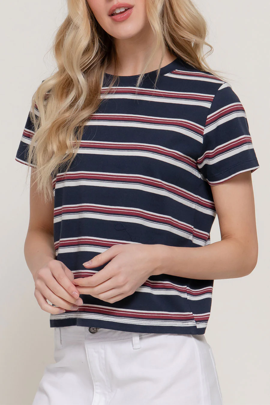 Basic Short Sleeve Crew Neck Multi Striped Knit Top - Image 5