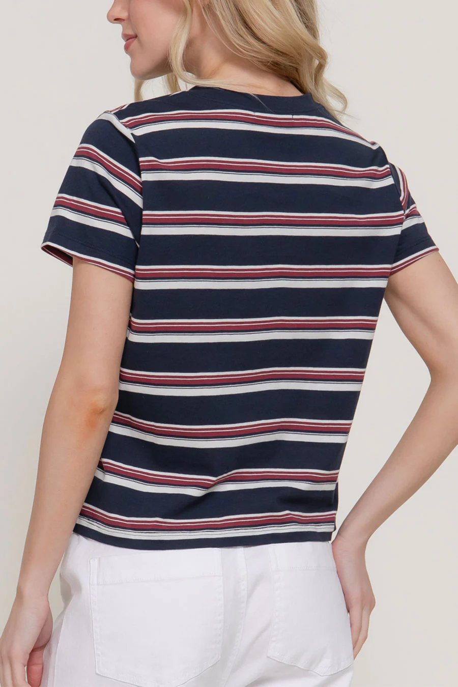 Basic Short Sleeve Crew Neck Multi Striped Knit Top - Image 6