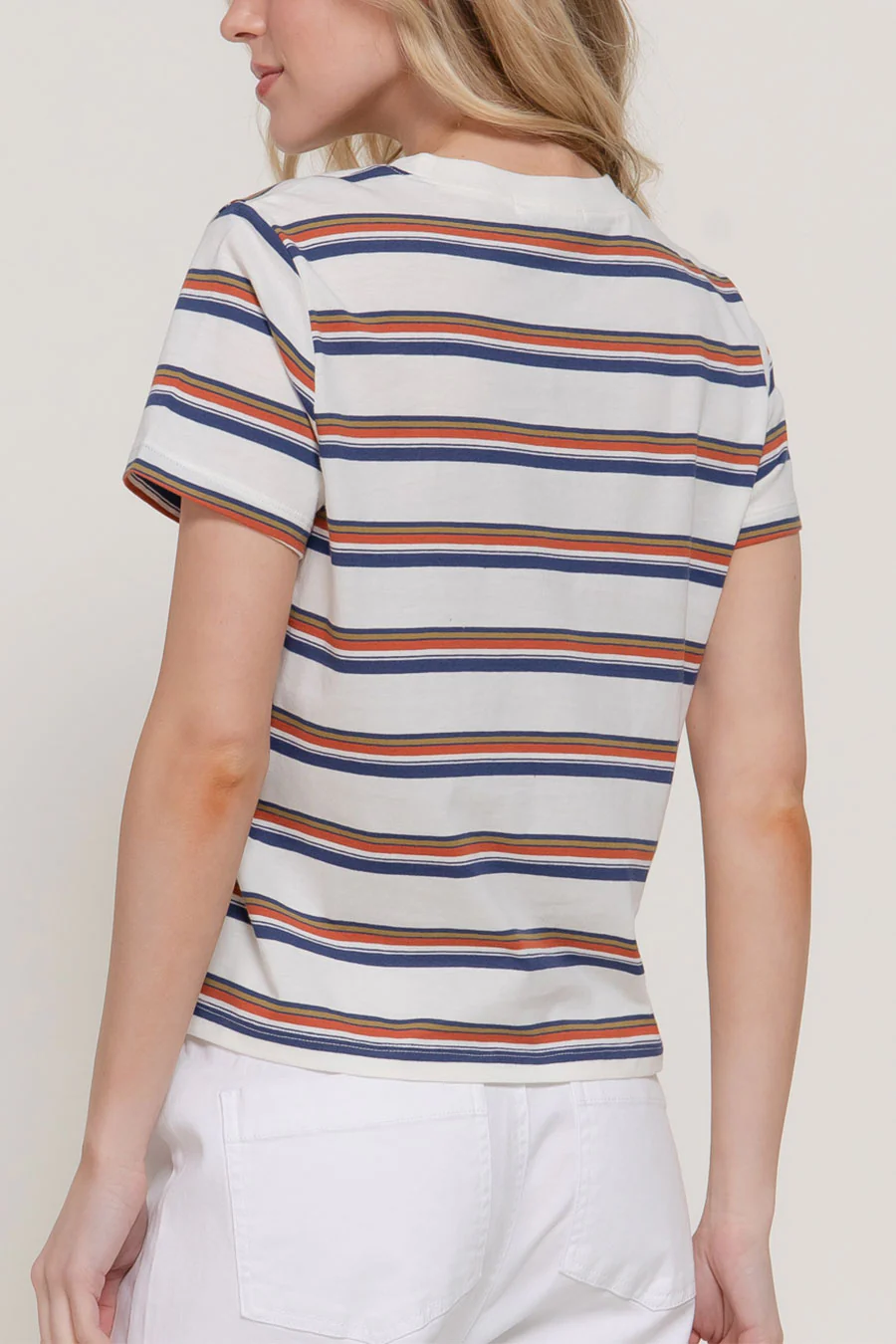 Basic Short Sleeve Crew Neck Multi Striped Knit Top - Image 7