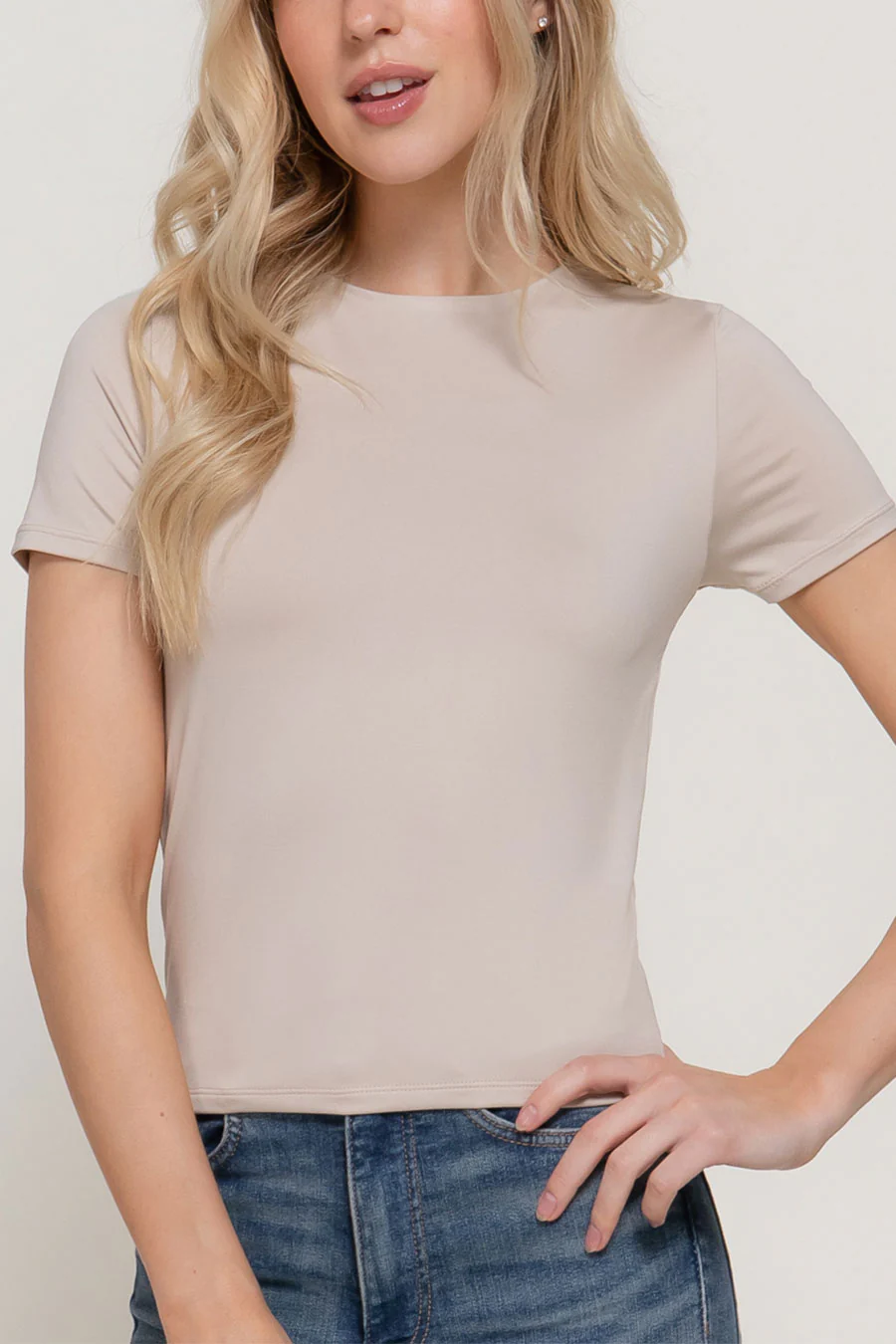 Basic Short Sleeve Double Layer ITY Knit Top - Image 4