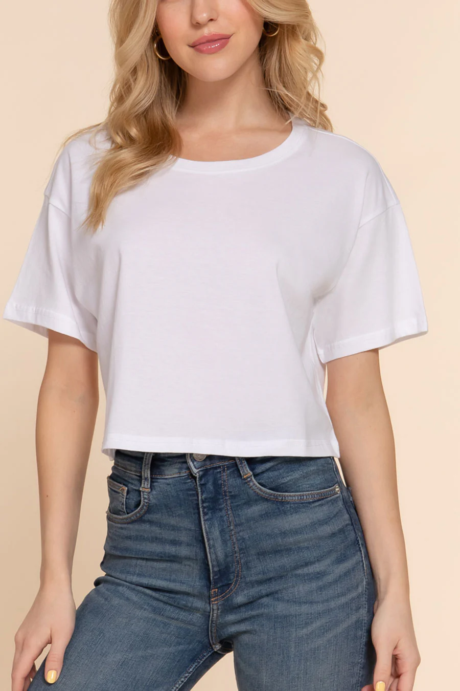 Basic Short Sleeve Oversize Crop Cotton Knit Tee - Image 4