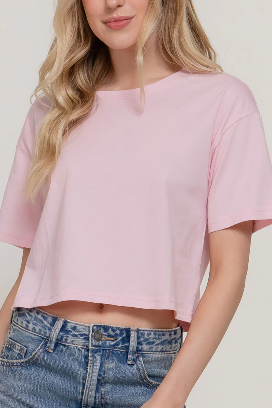 Basic Short Sleeve Oversize Crop Cotton Knit Tee - Image 5