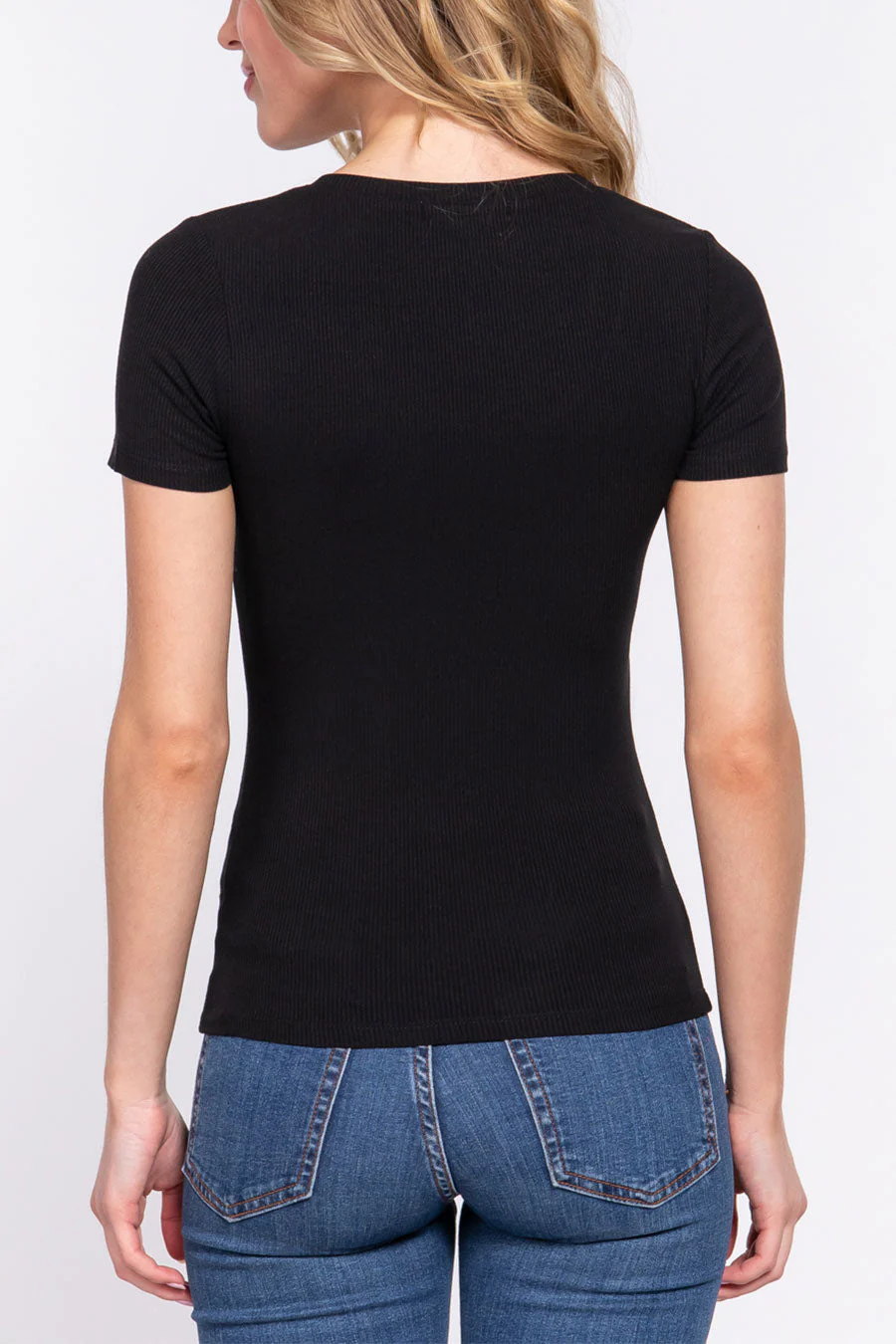 Basic Short Sleeve Round Neck Rayon Rib Knit Top - Image 10