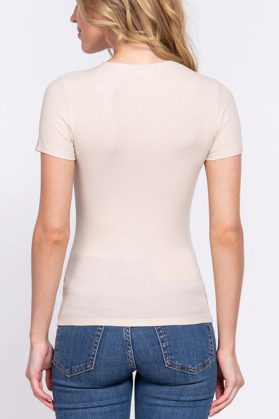 Basic Short Sleeve Round Neck Rayon Rib Knit Top - Image 12