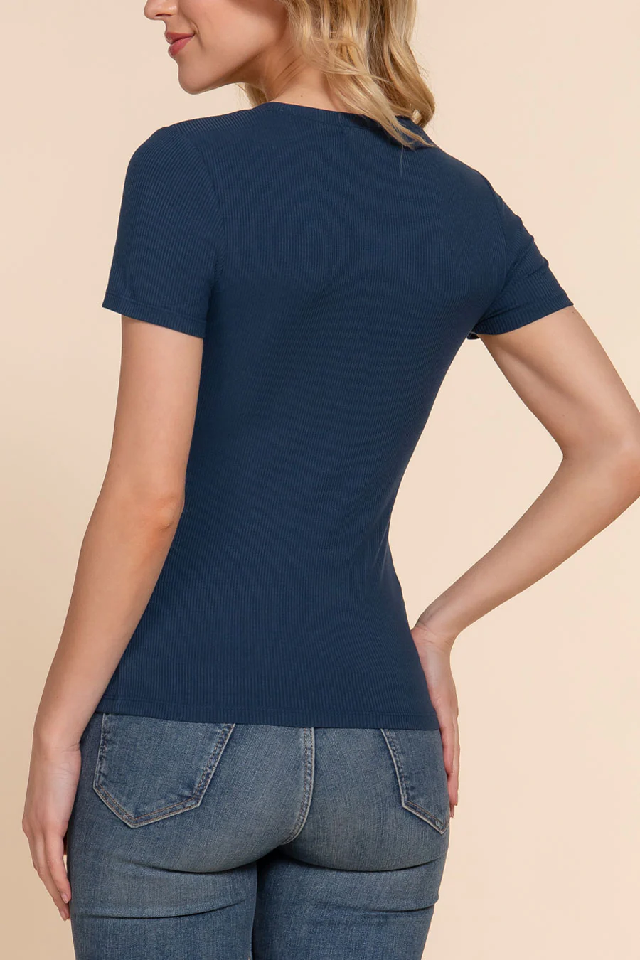 Basic Short Sleeve Round Neck Rayon Rib Knit Top - Image 14