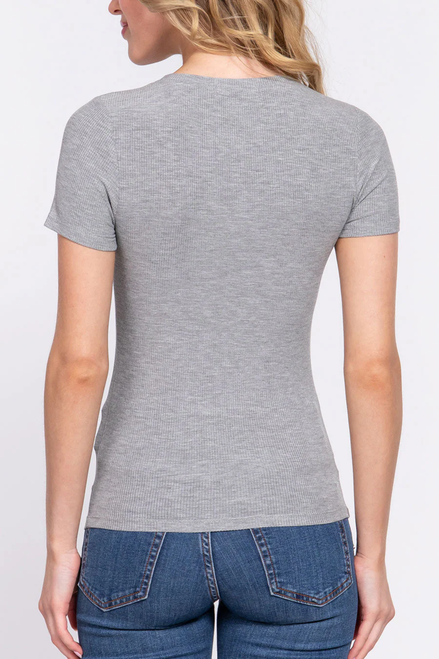 Basic Short Sleeve Round Neck Rayon Rib Knit Top - Image 6
