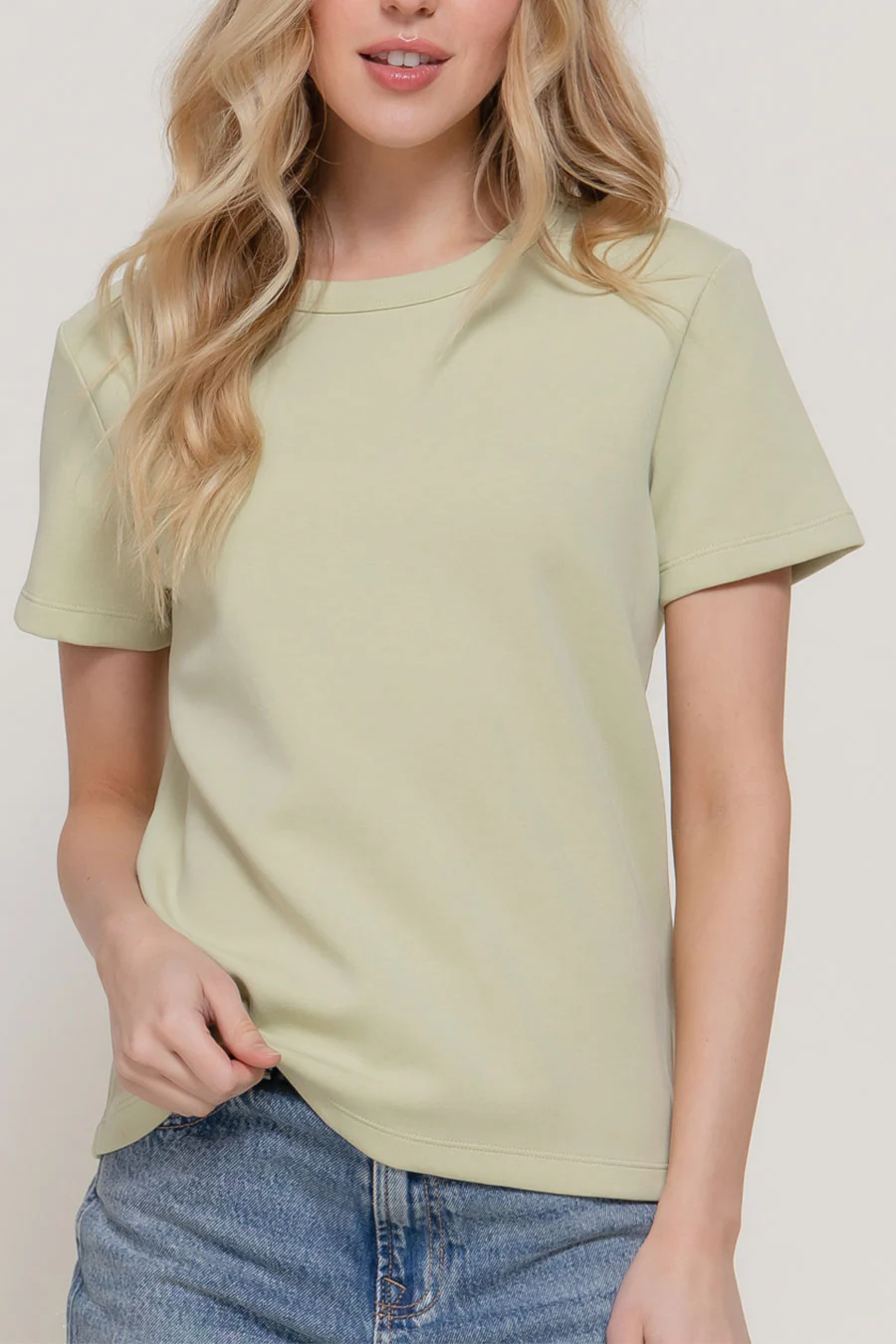 Basic Short Sleeve Round Neck Soft Scuba Knit Top - Image 2