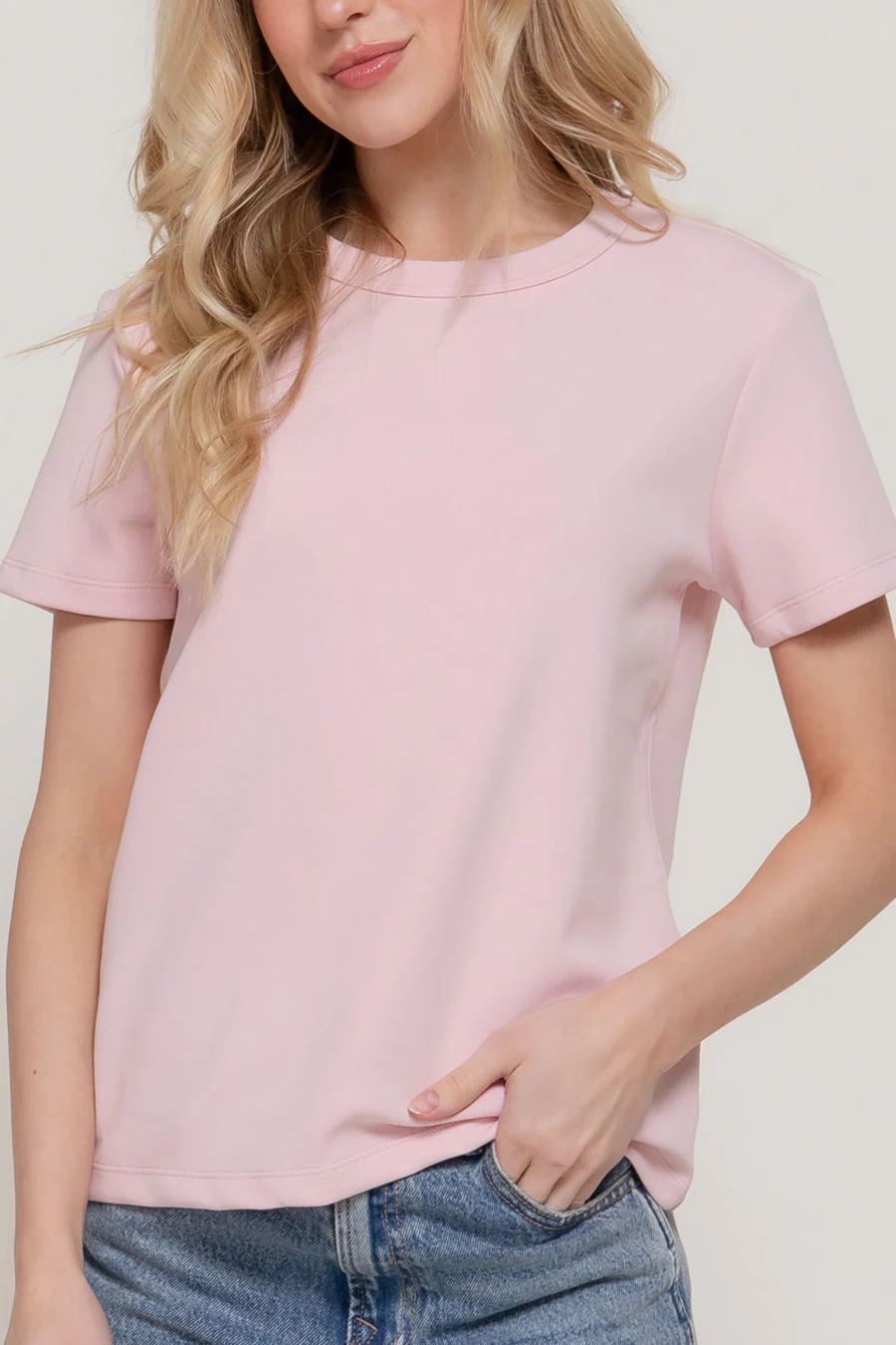 Basic Short Sleeve Round Neck Soft Scuba Knit Top - Image 4