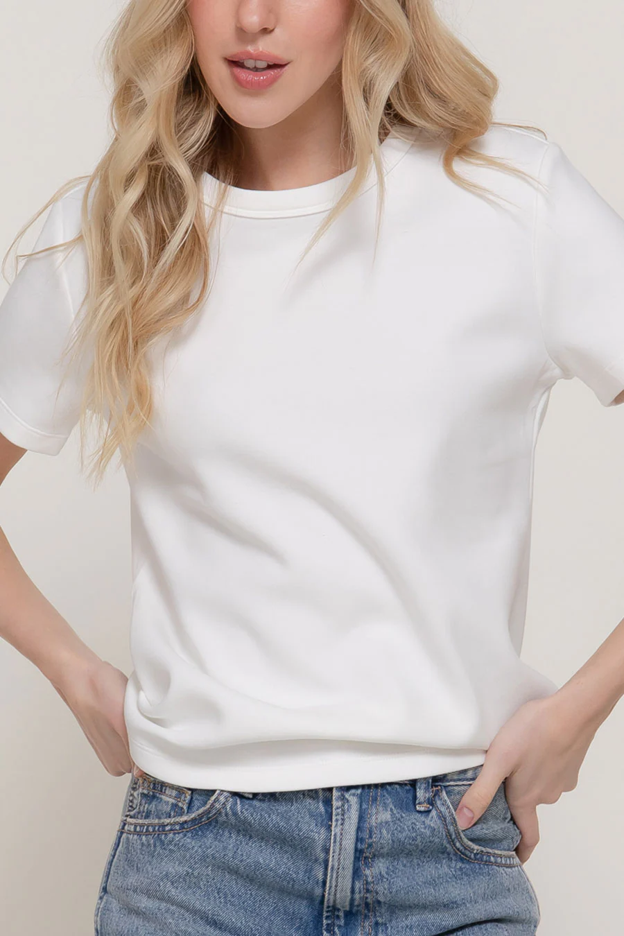 Basic Short Sleeve Round Neck Soft Scuba Knit Top - Image 5