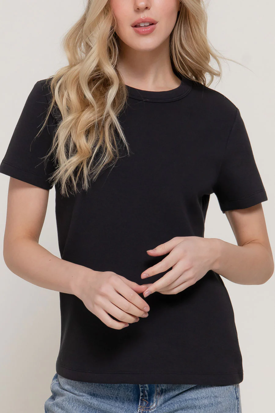 Basic Short Sleeve Round Neck Soft Scuba Knit Top - Image 6