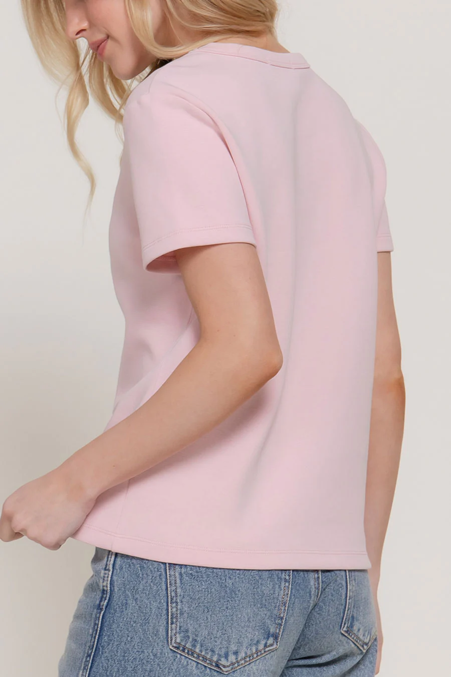 Basic Short Sleeve Round Neck Soft Scuba Knit Top - Image 7