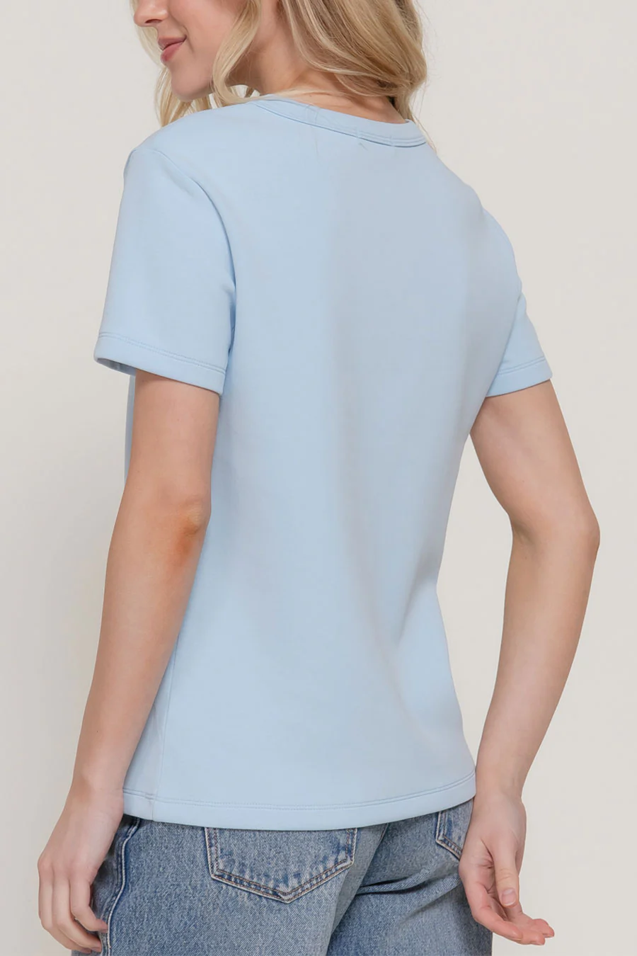 Basic Short Sleeve Round Neck Soft Scuba Knit Top - Image 9