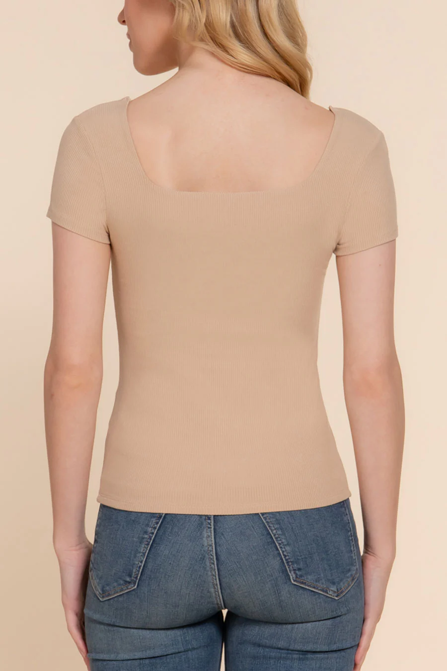 Basic Short Sleeve Square Neck Double Layer Rib Knit Top - Image 10