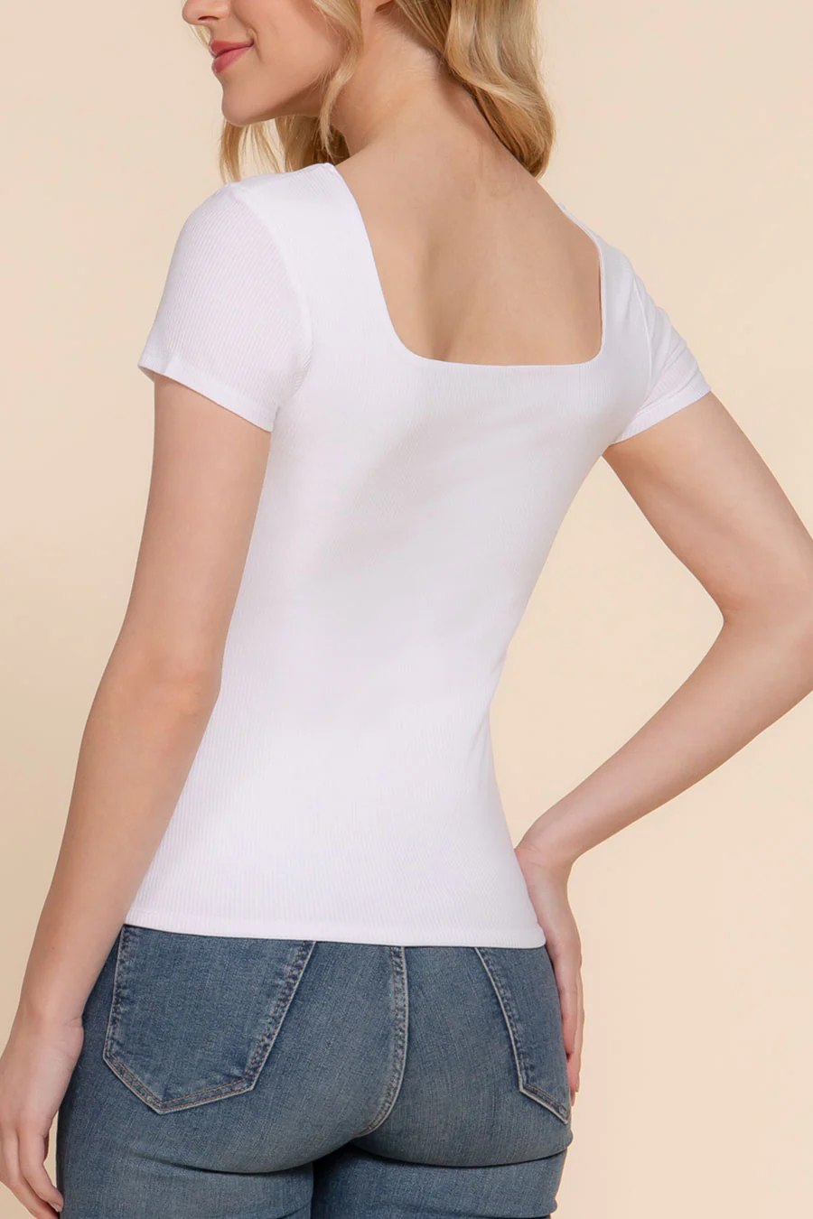Basic Short Sleeve Square Neck Double Layer Rib Knit Top - Image 12