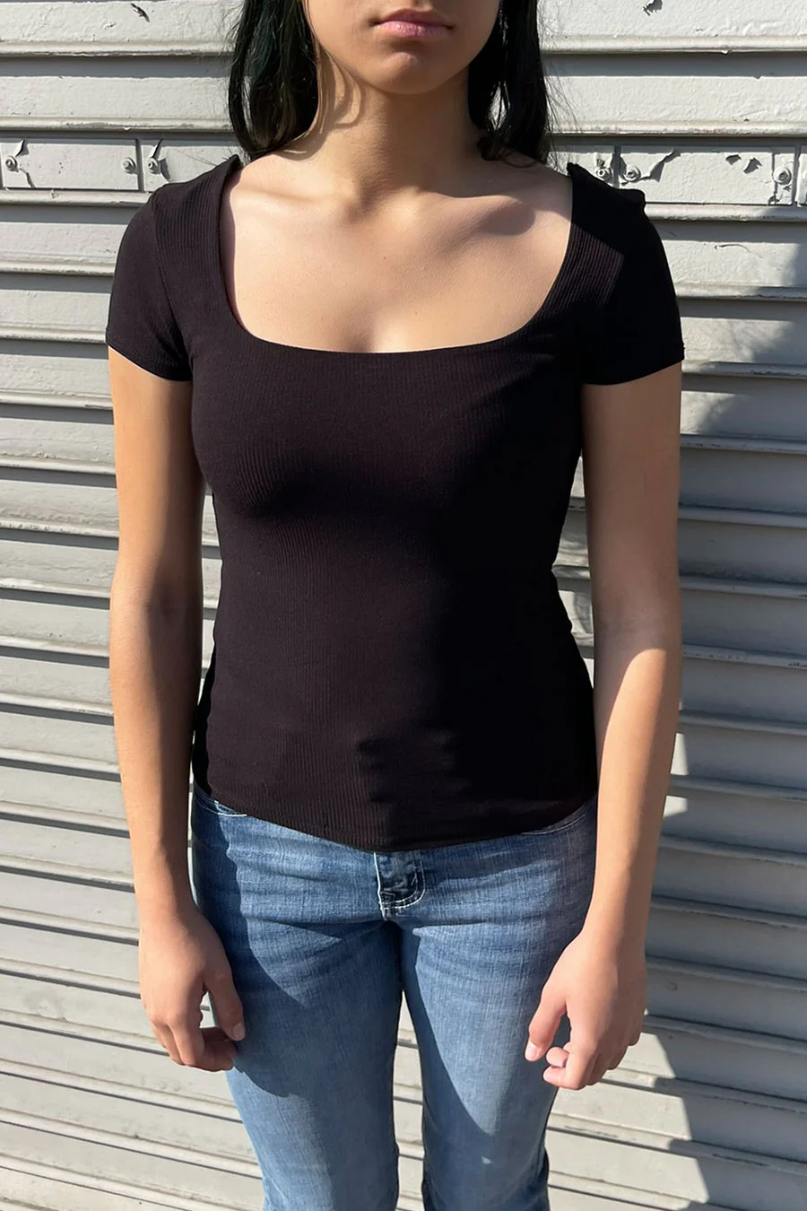 Basic Short Sleeve Square Neck Double Layer Rib Knit Top - Image 13