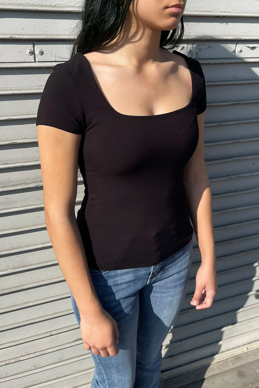 Basic Short Sleeve Square Neck Double Layer Rib Knit Top - Image 14