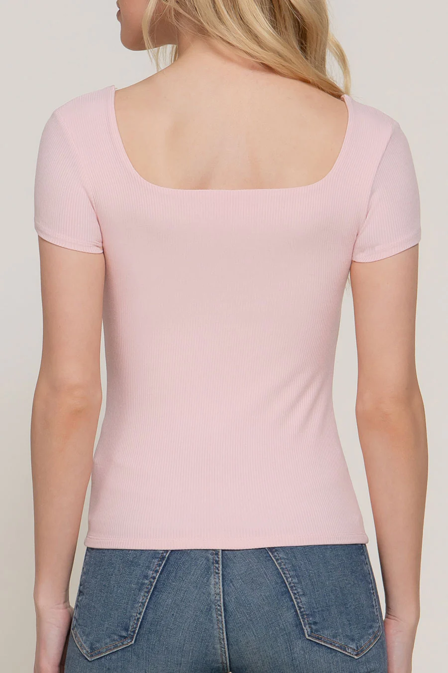 Basic Short Sleeve Square Neck Double Layer Rib Knit Top - Image 4