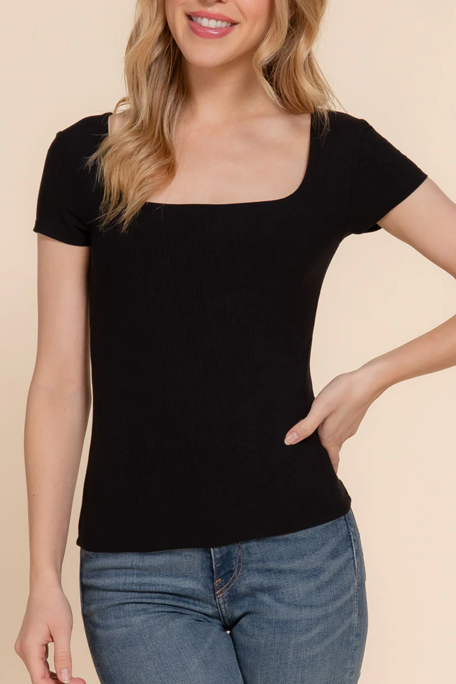 Basic Short Sleeve Square Neck Double Layer Rib Knit Top - Image 6