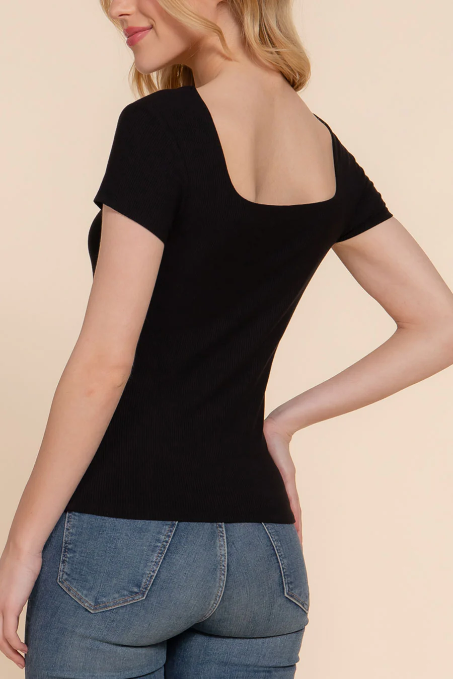 Basic Short Sleeve Square Neck Double Layer Rib Knit Top - Image 7