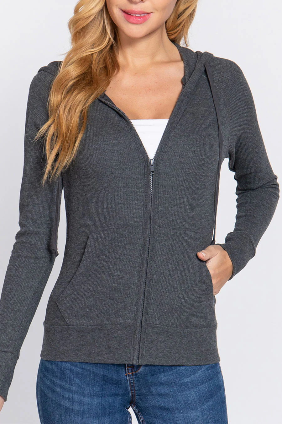 Basic Thermal Zip-Up Hoodie Jacket with Kangaroo Pocket - Image 9