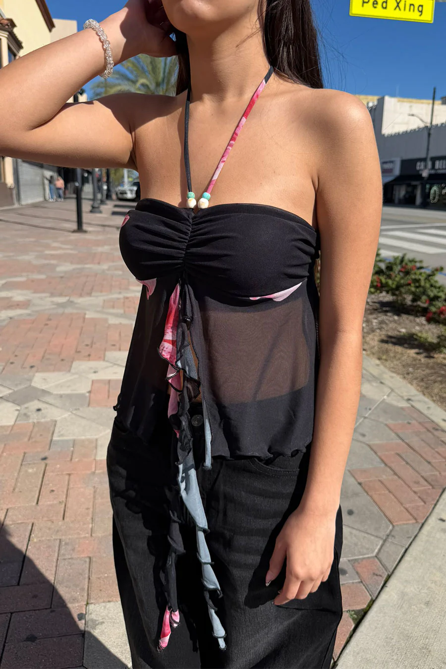 Big Flower Mesh Print Bead Embellished Bandeau Camisole Top