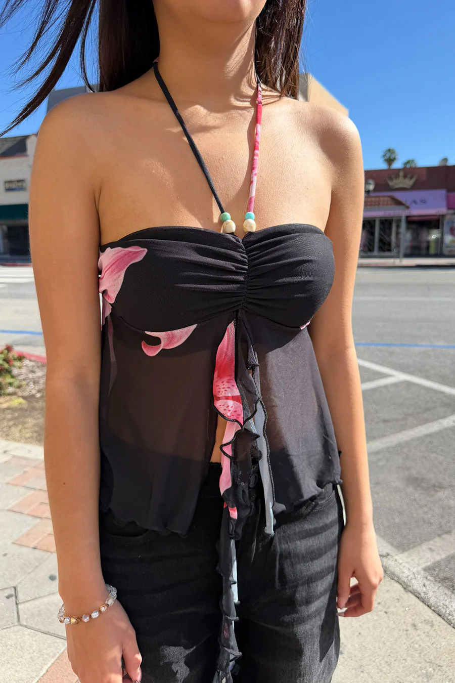 Big Flower Mesh Print Bead Embellished Bandeau Camisole Top - Image 2