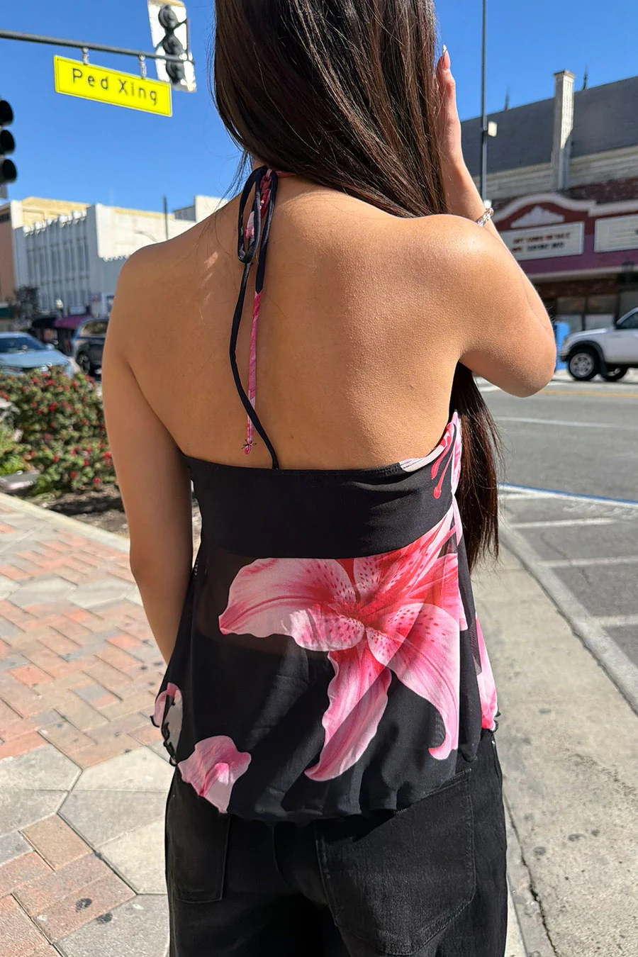 Big Flower Mesh Print Bead Embellished Bandeau Camisole Top - Image 3