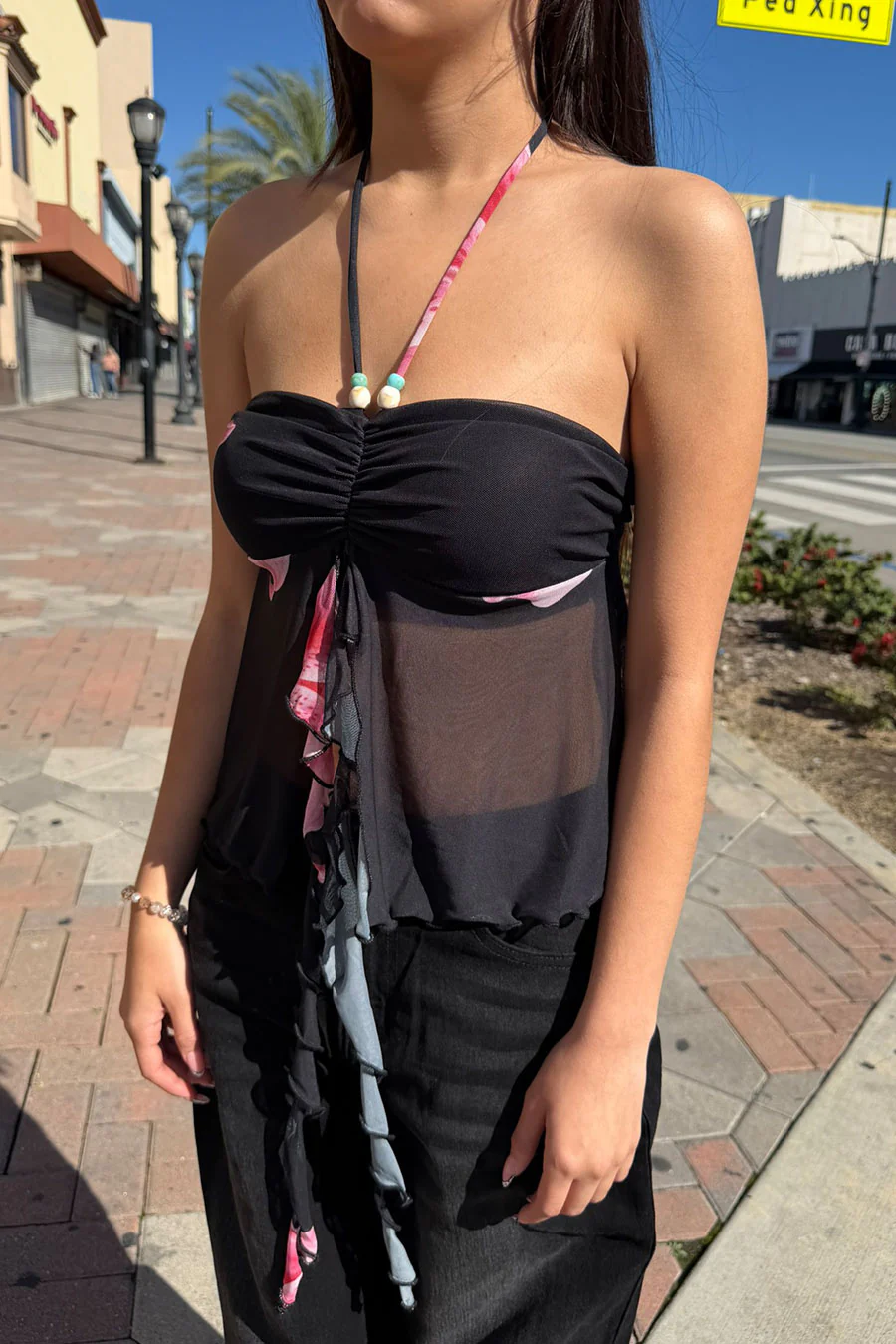 Big Flower Mesh Print Bead Embellished Bandeau Camisole Top - Image 4