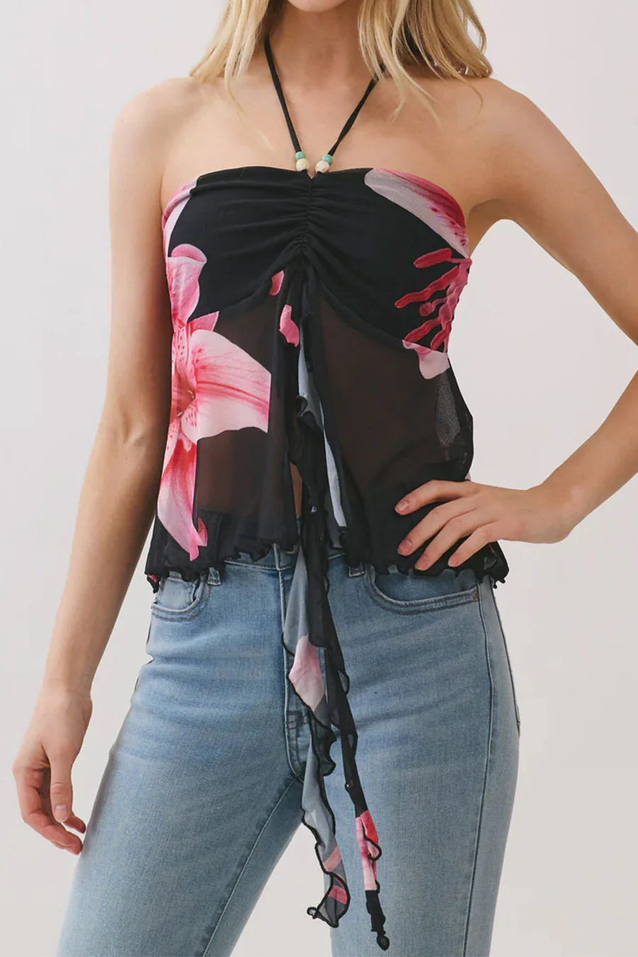 Big Flower Mesh Print Bead Embellished Bandeau Camisole Top - Image 5