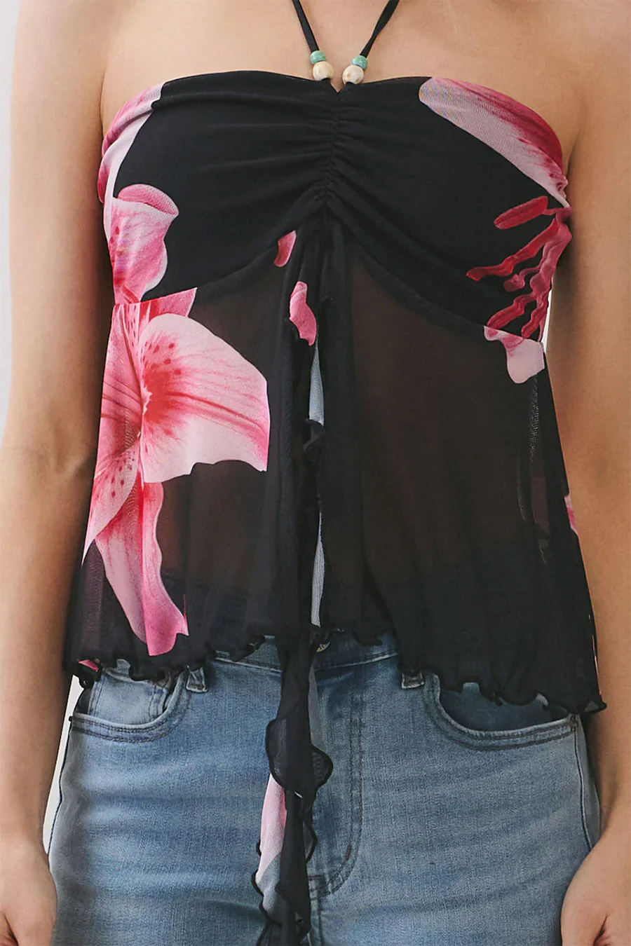 Big Flower Mesh Print Bead Embellished Bandeau Camisole Top - Image 6