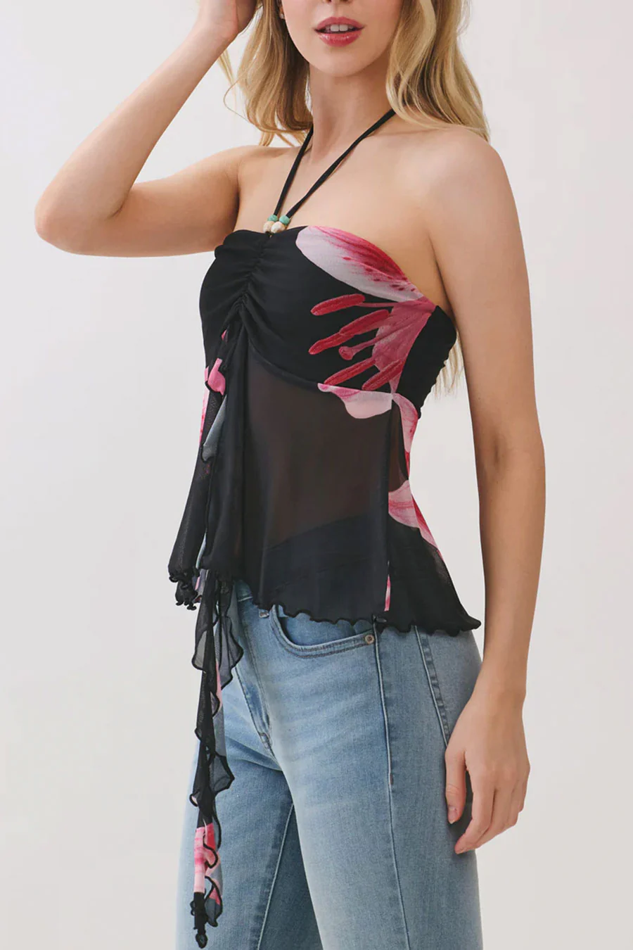 Big Flower Mesh Print Bead Embellished Bandeau Camisole Top - Image 7