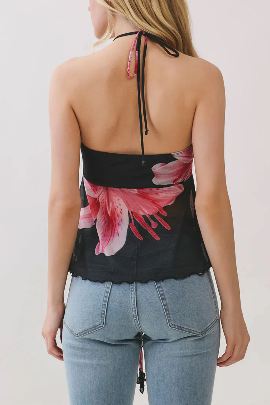Big Flower Mesh Print Bead Embellished Bandeau Camisole Top - Image 8