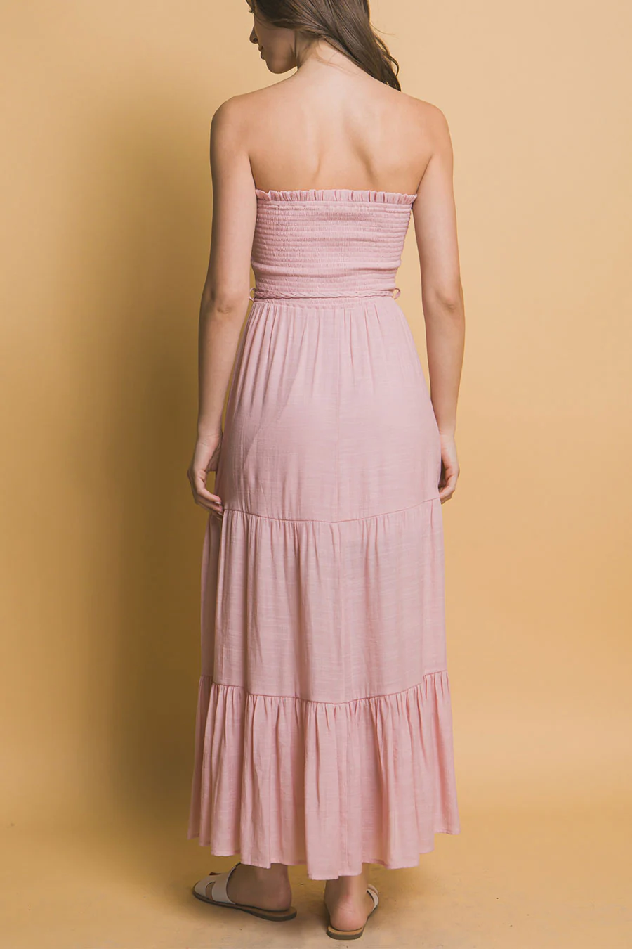 Bohemian Smocked Strapless Tube Maxi Dress with Tassel Waist Tie - Image 3