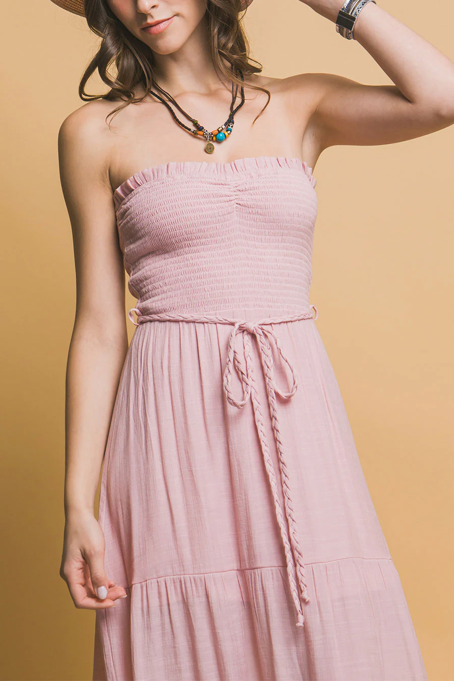 Bohemian Smocked Strapless Tube Maxi Dress with Tassel Waist Tie - Image 4