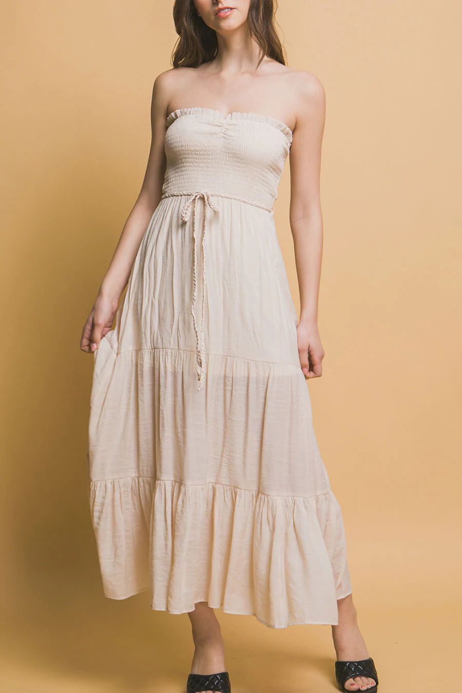 Bohemian Smocked Strapless Tube Maxi Dress with Tassel Waist Tie - Image 5