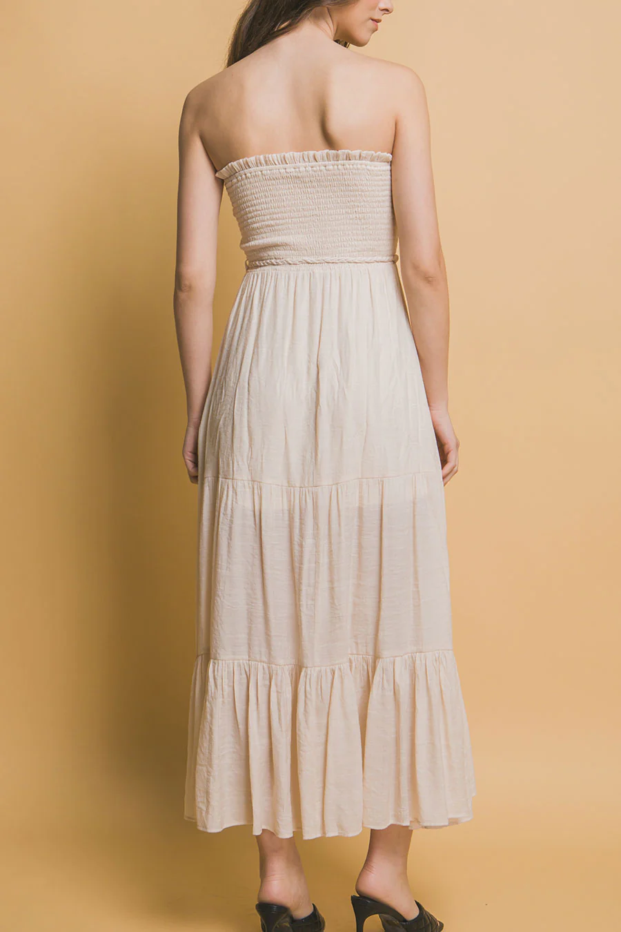 Bohemian Smocked Strapless Tube Maxi Dress with Tassel Waist Tie - Image 6