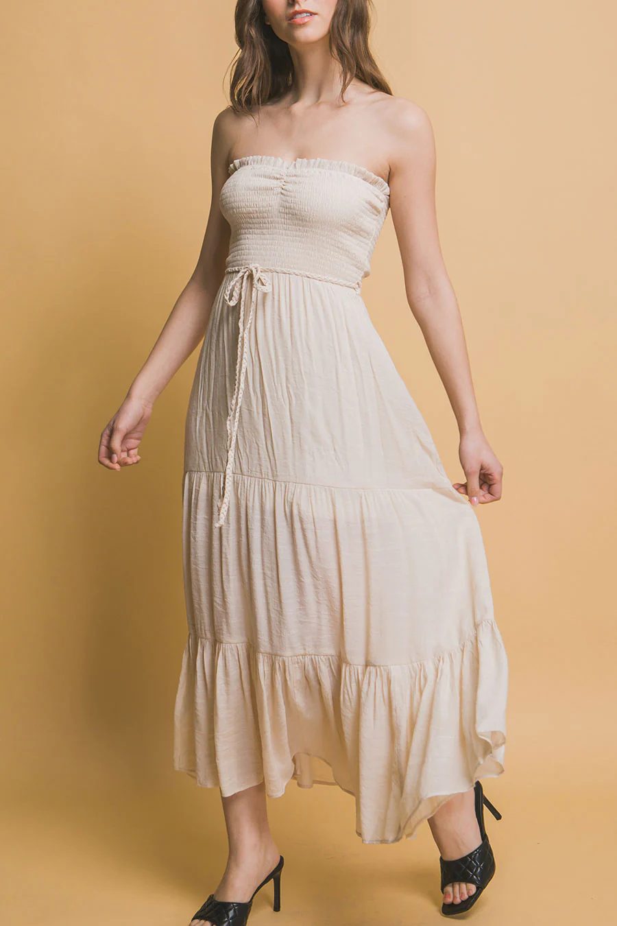 Bohemian Smocked Strapless Tube Maxi Dress with Tassel Waist Tie - Image 7
