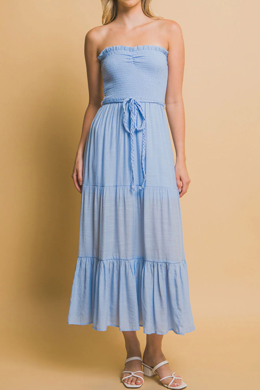 Bohemian Smocked Strapless Tube Maxi Dress with Tassel Waist Tie - Image 8