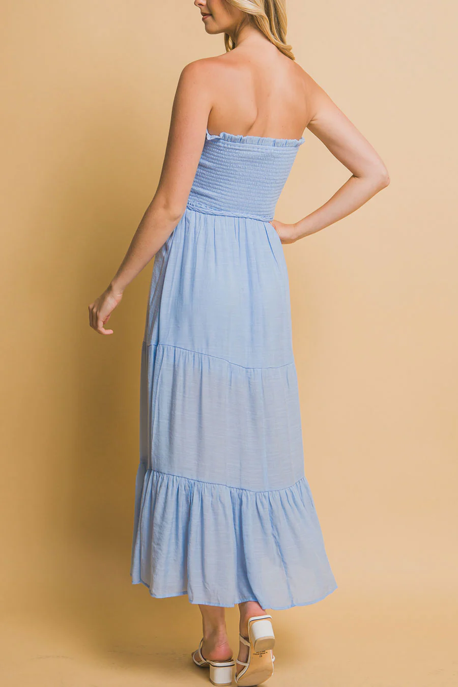 Bohemian Smocked Strapless Tube Maxi Dress with Tassel Waist Tie - Image 9