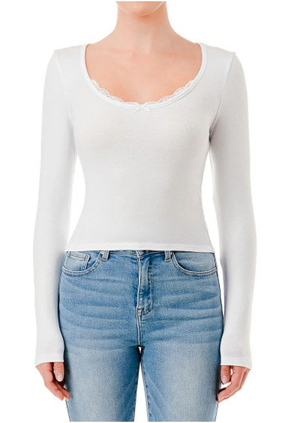 Brushed Knit Long Sleeve Scoop Neck Top With Peekaboo Lace & Bow - Image 6