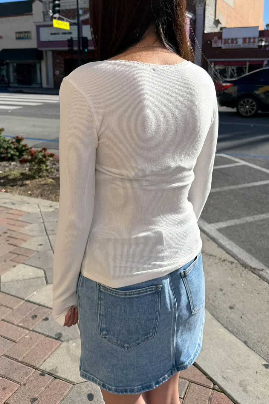 Brushed Rib Knit Scoop Neck Long Sleeve Top With Lace Trim And Bow - Image 3