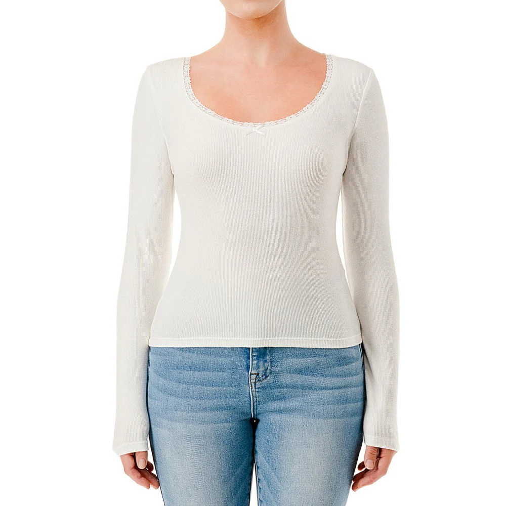 Brushed Rib Knit Scoop Neck Long Sleeve Top With Lace Trim And Bow - Image 5