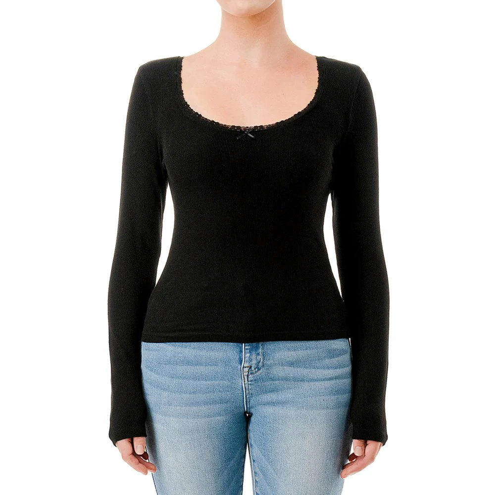 Brushed Rib Knit Scoop Neck Long Sleeve Top With Lace Trim And Bow - Image 6