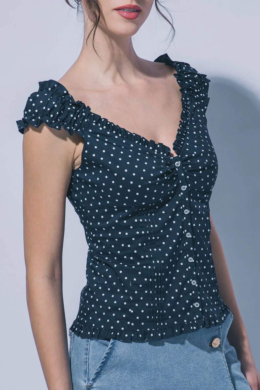 Clean Girl Polka Dot Ruffled Short Sleeve Shirt Top - Image 10