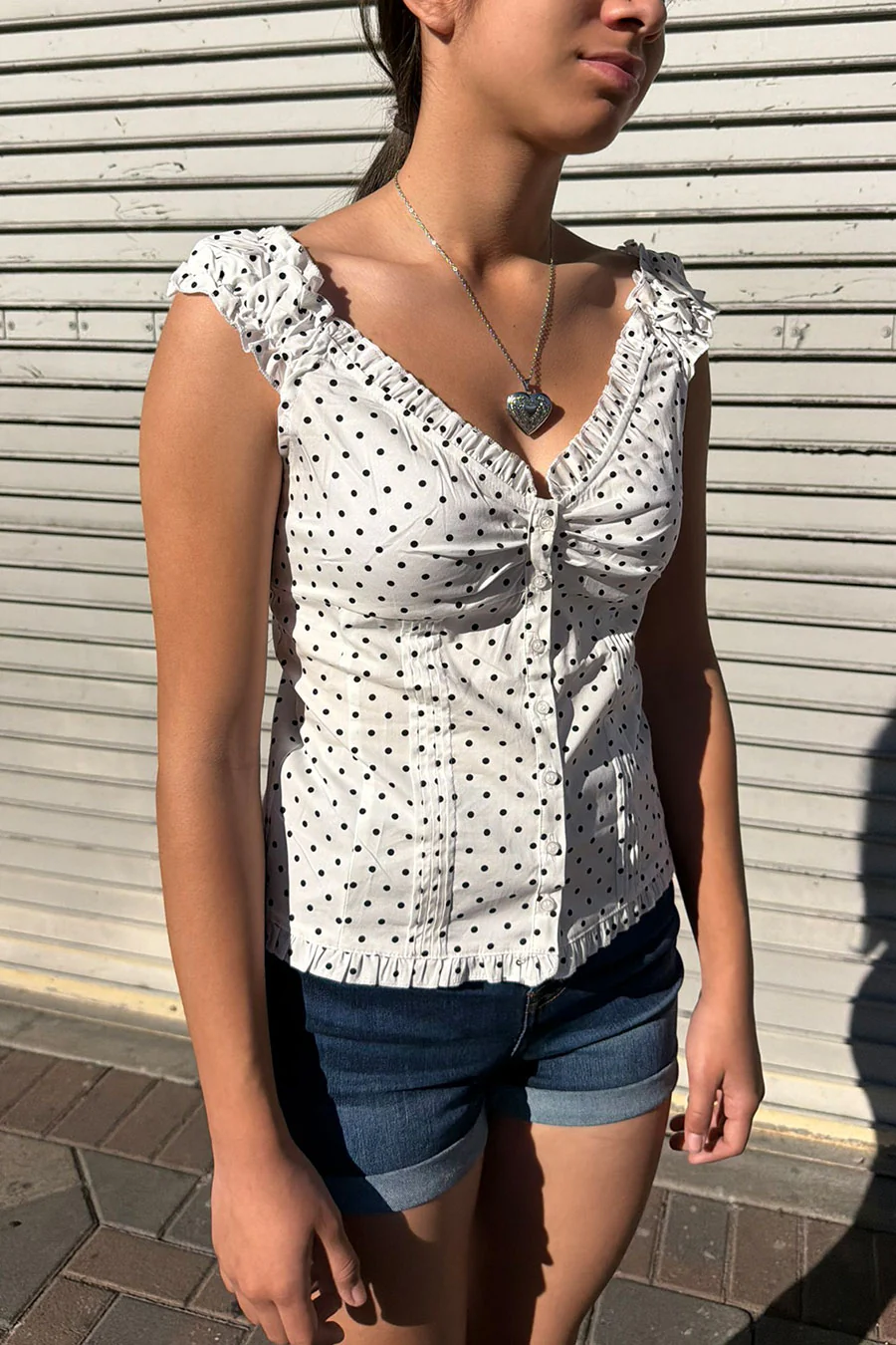 Clean Girl Polka Dot Ruffled Short Sleeve Shirt Top - Image 12