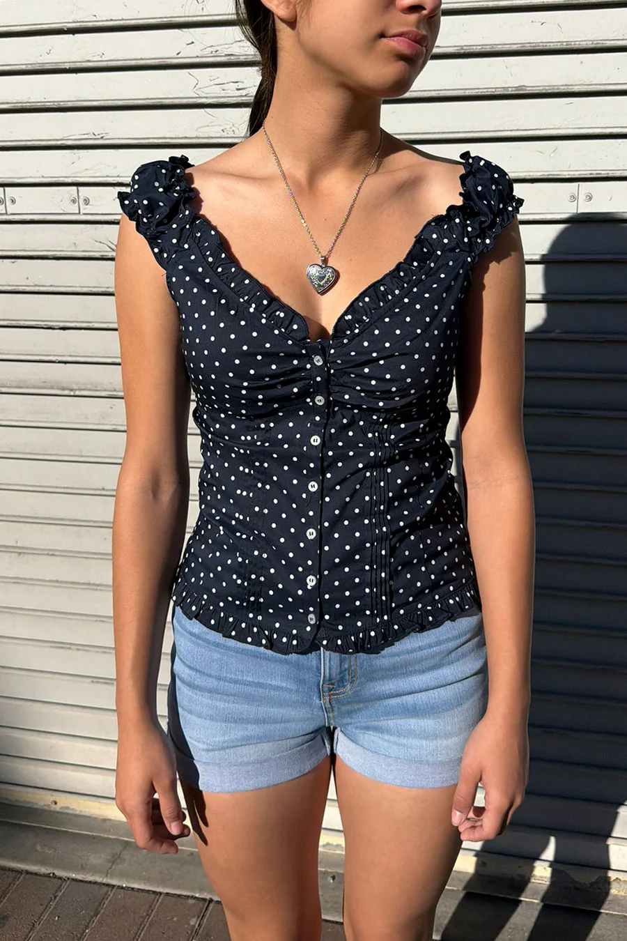 Clean Girl Polka Dot Ruffled Short Sleeve Shirt Top - Image 16